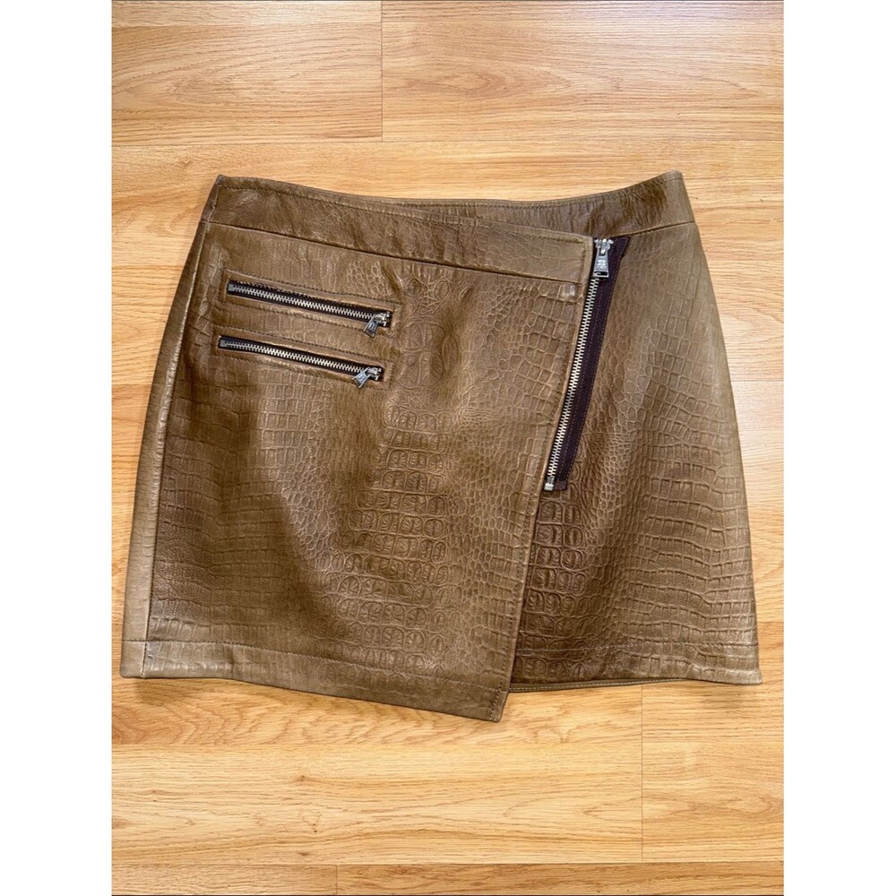 Vintage BCBG Maxazria Croc Mini Skirt Moto Brown Leather 1990’s Made in USA S